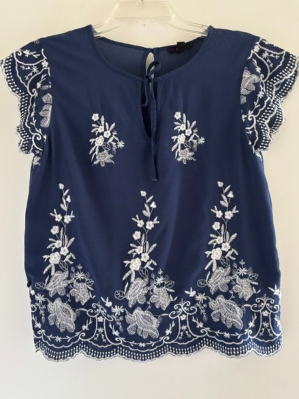 Mine Cap Sleeve Embroidered Blouse in Blue and White